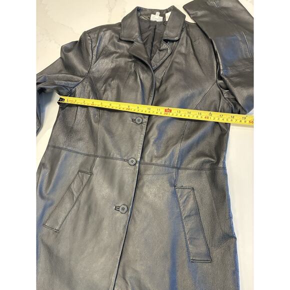 Vintage Newport News Leather Trench Coat Black Size M Long Classic Button Lined - Picture 5 of 7